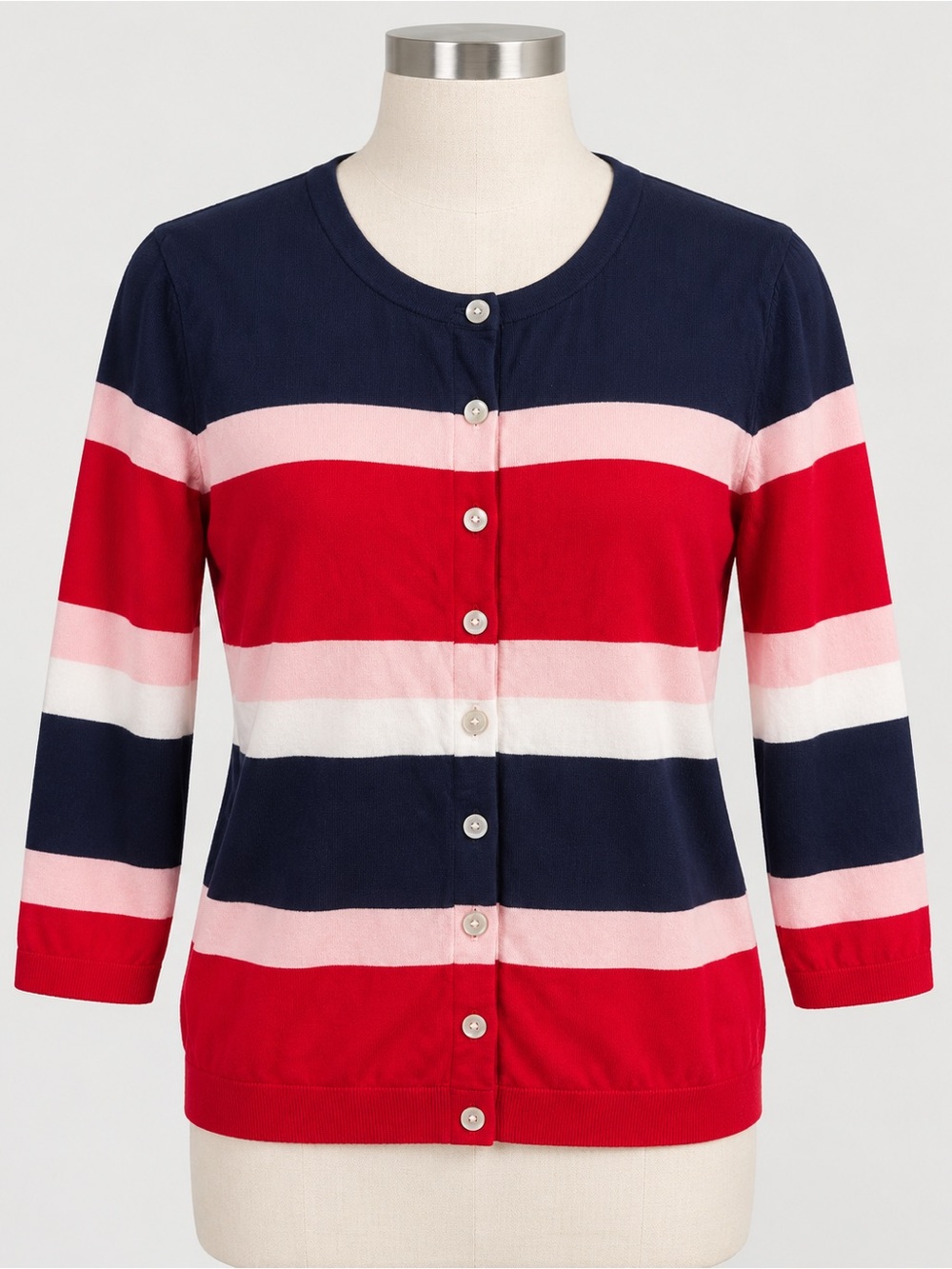 Talbots Striped Button-Front Cardigan - Red, Navy, Pink, White